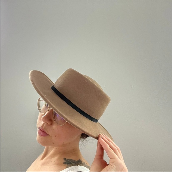 100% Wool boater Hat tan vintage style brown wide brim - Picture 5 of 8